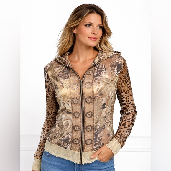 Dress Barn Tops - Dressbarn Mixed Animal Paisley Print Zip Hoodie Lace Trim Jacket Sz L